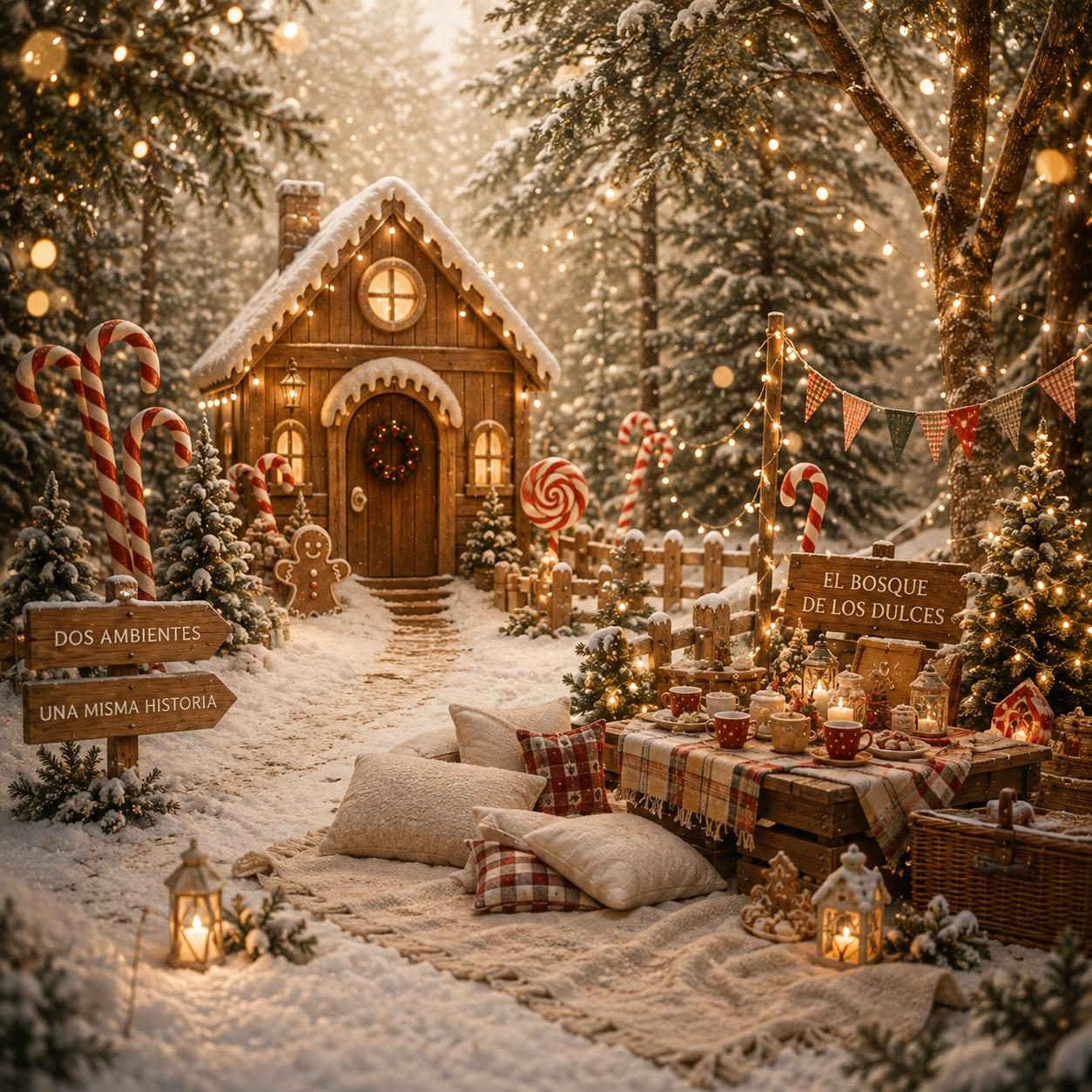El Bosque de los Dulces, decorado de Navidad con casita de jengibre